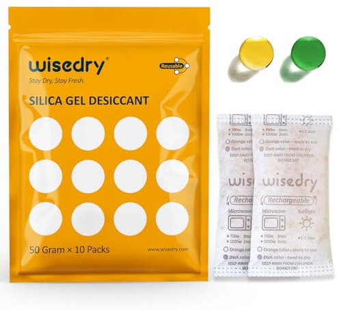 wisedry 50 Gram [10 Packs] Silica Gel Desiccant Sachets Microwave Fast Reactivate Desiccant Bags with Indicating Beads for Closet Gun Safes Bathroom Food Grade