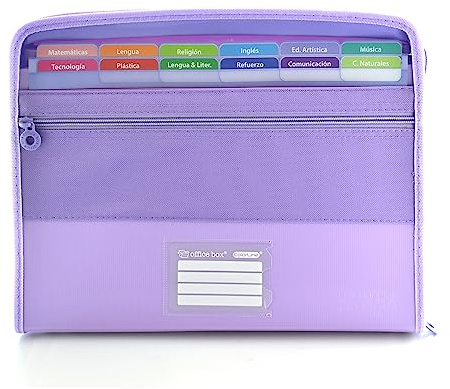 Carpeta Clasificadora VISION con 12 Divisiones y estuche frontal para guardar tus utiles + 80 Adhesivos, Cierre de Cremallera, Laterales Reforzados - by Office box. (Morado)
