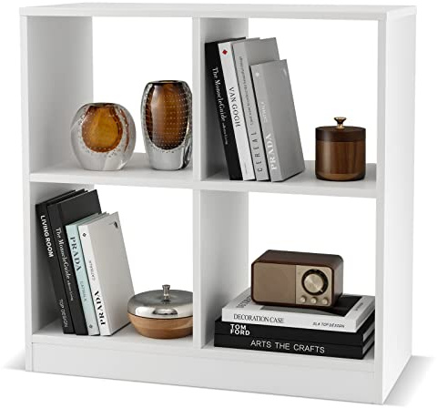 COSTWAY 4 Cube Bookcase, Wooden Bookshelf Open Display Shelving Unit with Anti-Tipping Device, Open-back Storage Cabinet Record Player Stand Organizer (White, 73 x 33 x 73cm)