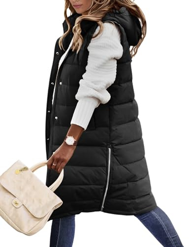 HEEKPEK Womens Puffer Vest Winter Hooded Sleeveless Zip Up Long Puffy Jacket Warm Thick Quilted Coats with Pockets(Black,M)