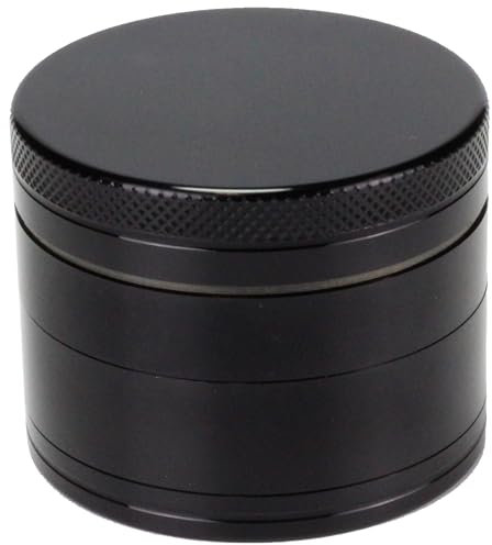 Evergreen Labs Grinder Metall Crusher Kräutermühle Crinder aus 100% Aluminium, Durchmesser Größe 50mm 4 Teilig, Farbe Schwarz mit Scraper für getrocknete Kräuter, Spice, Gewürze