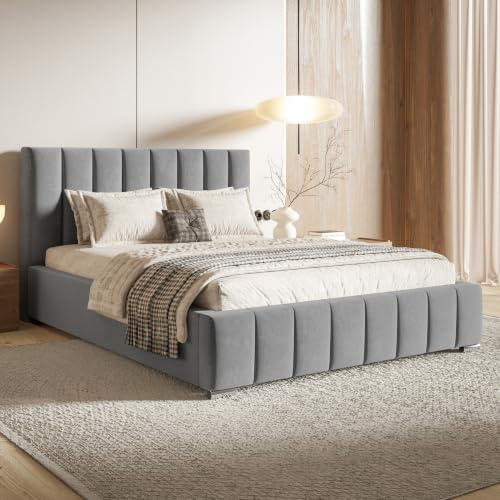 MOTIVENA Vigo Bett 180x200 Grau Samt, mit Stauraum, mit Kopfteil, mit Lattenrost, mit Füßen, ohne Matratze, Polsterbett 180x200 mit Bettkasten Grau (Hellgrau)