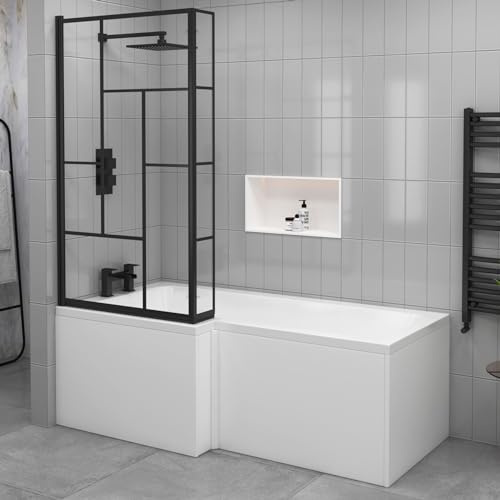 1500 x 850mm Left Hand L-Shaped Shower Bath Square Bathtub with Matt Black Abstract Grid Screen & Fixed Return Panel