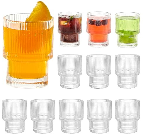 HIGSPE 200ml Bicchieri Acqua Vetro, 12 Pezzi Set Bicchieri Acqua a Coste, Bicchiere Stile Origami Vintage, Impilabili Bicchieri Vetro per Cocktail, Birra, Whisky, Caffe, Soda