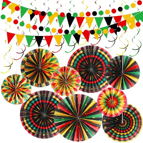 Outus 25 Pcs Juneteenth Decorations Set Freedom Day June 19th Party Supplies Pan-African Kente Paper Fans Hanging Swirls Banner Black History Month African American Celebration for Office Home