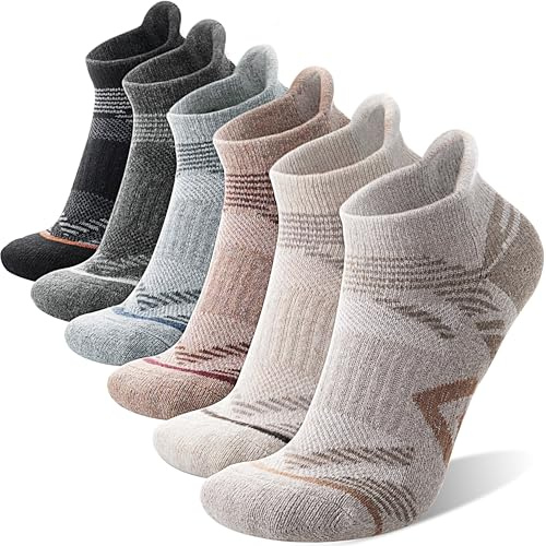 ANTSANG Merino Wool Ankle Hiking Socks Compression Warm Thermal Thick Cushion Winter Running No Show Moisture Wicking Socks Gifts Stocking Stuffers for Women Men 6 Pairs(Brown/Grey/Black,M)