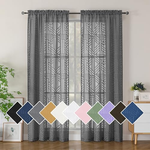 Simplebrand Grey Semi Sheer Curtains 84 Inches Long 2 Panels, Light Filtering Geometric Jacquard Clip Textured Sheer Curtains for Bedroom，Modern Elegant Window Curtains Drapes，42x84 inch