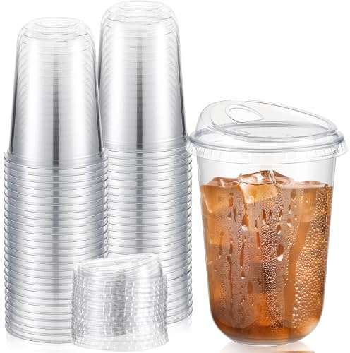 Ziliny 50 Sets Clear Plastic Coffee Cups with Sip Lids, Disposable Plastic PET Crystal Cups for Iced Coffee, Smoothie, Cold Beverage, Drink Shops and Party Catering(Clear,16 oz)