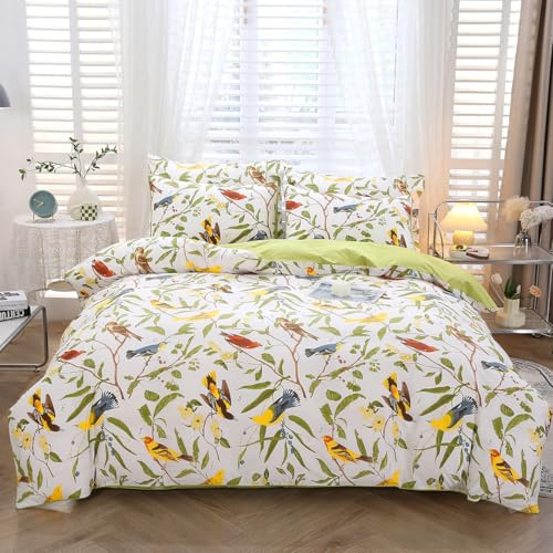 STYHO 3 Pcs Cotton Floral Duvet Cover Sets Double Green Leaves Birds Printed Bedding Sets with Pillowcases Ultra Soft Egyptian Cotton Rustic Flower Duvet Set for All Seasons(Birds, Double)