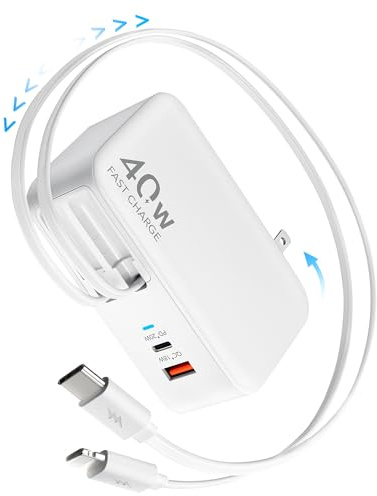 Retractable USB C Charger Wall Plug with 35.5in/90cm Type C Cables Cords,40W Fast Charging Foldable Block Multi Charger for All Devices for iPhone 17/16/15/14/13/12,iPad,Galaxy,Pixel