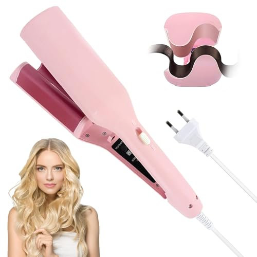 Dhqkqg Fer à Boucler, 32mm Fer à Boucler French Wave, Cheveux avec 4 Réglages de Température, Anti-Brûlure Fer a Friser, Fers à Onduler pour Grandes Boucles pour Tous Les Types de Cheveux (Rose)