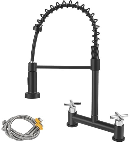 Kitchen Bridge Mixer Tap, 2-Hole Sink Mixer Tap with 360° Swivel Spout, 3 Spout Modes, 304 Stainless Steel 2-Handle Spring-Loaded Sink Kitchen Tap, Hot and Cold Mixer Tap Black