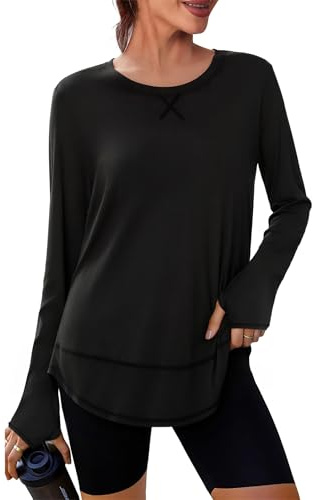 Terecey Womens Gym Tops Workout Long Sleeve Crew Neck T-Shirt UV Sun Protection Shirt UPF 50+ Outdoor T-Shirt with Thumb Holes Curved Hem for Yoga Pilates