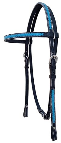 WEAVINGCRAFT Equestrian Horse Tack Western Headstall Bridle Hand Braided Blue Raw Hide Leather Weaving on Straight Brow Band Black Color Leather Stranded Size Headstalls (Full Size)