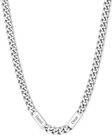Custom4U Chaîne Cubaine pour Homme Femme Acier Inoxydable avec 2 Prénoms Personnalisé, Chaîne 45+5cm, Chaîne Prénom Gravure pour Homme