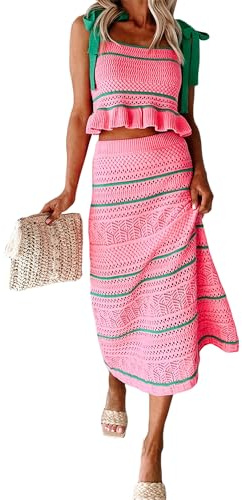 Dubute Conjunto de 2 piezas de punto de ganchillo para mujer, conjunto de verano a rayas con lazo en los hombros, top corto bodycon maxi falda