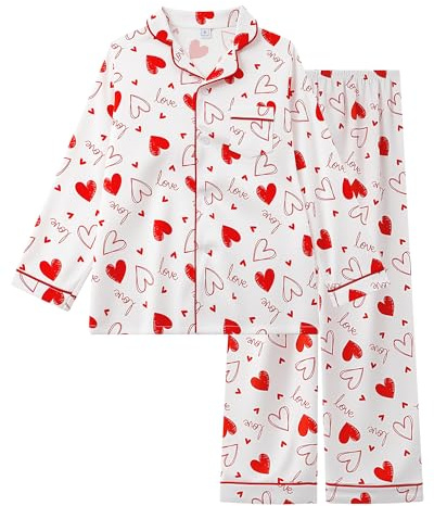 Cheerful Mario Pijamas Niña Seda Imitación Largos Manga, Ropa de Casa de Satén, Conjunto de Pijama de Dos Piezas Corazón 12-13 Años