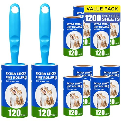 1200 Hojas Rodillo Quitapelusas 10 Rollos con 2 Mangos, Super Adhesivo Rodillo Quitapelos Mascotas, lint Roller para Ropa, Sofá, Cama, Pelo De Gato (120 Hojas/Rollos)
