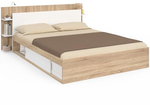 IDMarket - Lit Double Sari 140 x 190 cm Bois et Blanc | Avec rangements, sommier et tête de lit