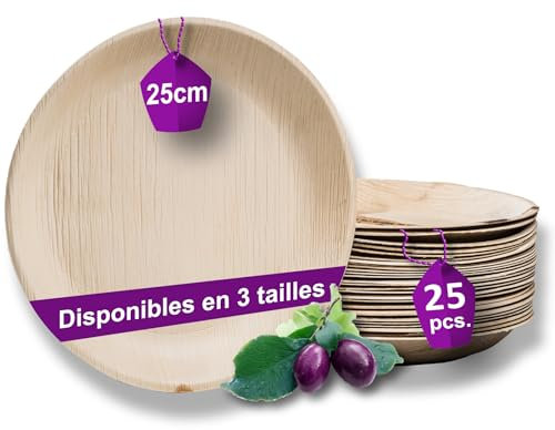 Waipur 25 Platos Desechables de Hoja de Palma Orgánicos - Redondo Ø 25 cm - Vajilla Ecológica Elegante - Estable, Reciclable, Natural y Biodegradable - Menaje Descartable