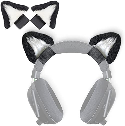 RUKUHOT Cute Cat Ears Headphone Attachment,Adjustable Design Fit for Logitech G PRO HypreX Cloud/Cloud Flight Headphones and More,Cosplay Kitten Ears,(Headphones not Included), Black & White