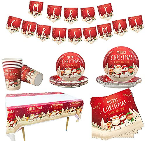 Christmas Tableware Set,16 Guests Christmas Decoration Paper Dinnerware Set with XmasBanner Tablecloth Napkin Xmas Paper Plates and Cups for Xmas Party Supplies Tableware Decorations