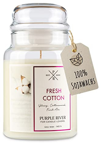 Purple River Große Duftkerze im Glas mit Deckel | Fresh Cotton | Duftkerze Frisch | Kerzen lange Brenndauer | Sojawachskerze | Raumduft für Zuhause