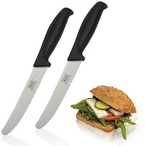 KHG 2er Set Frühstücksmesser Brötchenmesser Tomatenmesser Schwarz | 12 cm Klinge Edelstahl mit Wellenschliff | Tafelmesser Brotzeitmesser Vespermesser mit Fingerschutz