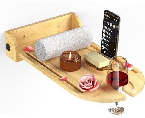 Bandeja de baño de lujo para montaje en pared, bandeja para bañera, mesa de bambú, bandeja de baño para bañera en la pared, regalo de inauguración de casa, nuevo hogar, aniversario, boda (natural)