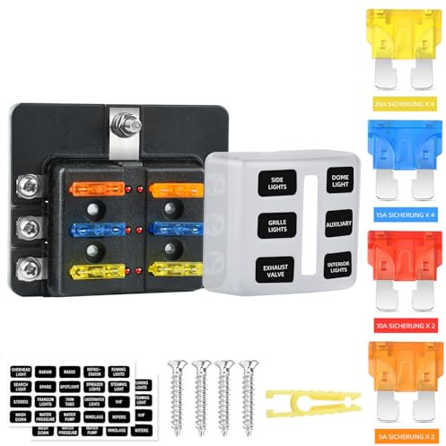 6 Fach KFZ Sicherungskasten 12V, Sicherungshalter Flachsicherung ATC/ATO 12 Sicherungen Wasserdichte Sicherungsblock mit LED-Anzeige Positiver für DC 12V / 24V Auto LKW Boot VAN SUV Marine Fahrzeug