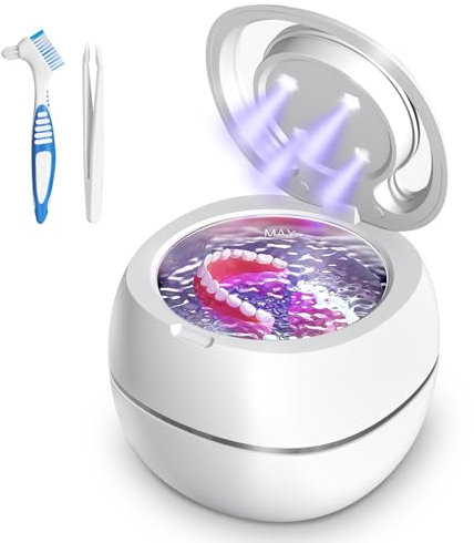 Ultraschallreinigungsgerät 48000Hz Ultraschallreiniger | 24W | 180ML | Ultrasonic Cleaner mit UV Lampe Ultraschallbad für | Zahnersatz | Retainer | Aligner | Prothesen | Zahnschiene | Schmuck | (Weiß)
