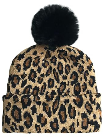 Cappello Invernale KRUIHAN Donna con Stampa Leopardata e Pompon, Caldo a Doppio Strato, Maglia