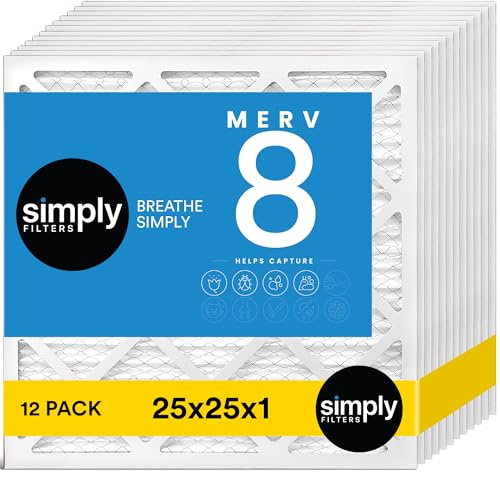 Simply 25x25x1 Air Filter, MERV 8, 12 Pack, For Home AC Furnace & HVAC (Actual Size: 24.75x24.75x0.75) DUST, Pet, & Allergy Control