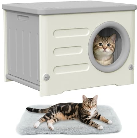 Outdoor Cat House Weatherproof with Escape Door, Insulated Heavy-Duty Plastic Cat Shelter, Elevated Stackable Feral Cat House for All Seasons Outdoor Indoor with Cozy Cushion (White)