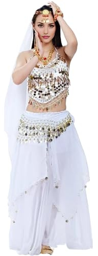 Baisdan Ensemble de danse du ventre pour femmes - Débardeur à paillettes - Jupe en mousseline - Écharpe de hanche - Écharpe de tête - Costume de danse indienne - Tenue professionnelle pour carnaval et
