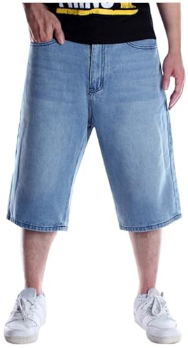 Short baggy en jean pour homme Coupe ample Vintage Jambes larges Jorts Y2K Streetwear Hip Hop Casual Long Short en denim Oversize Bermuda Pantacourt Capri Jeans Grande taille, bleu clair, 5XL