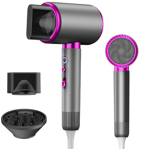 Asciugacapelli ionico da 2100 Watt con diffusore e concentratore, protezione da crespo e calore, 3 impostazioni caldo/2 freddo, capelli pronti per il salone (grigio)