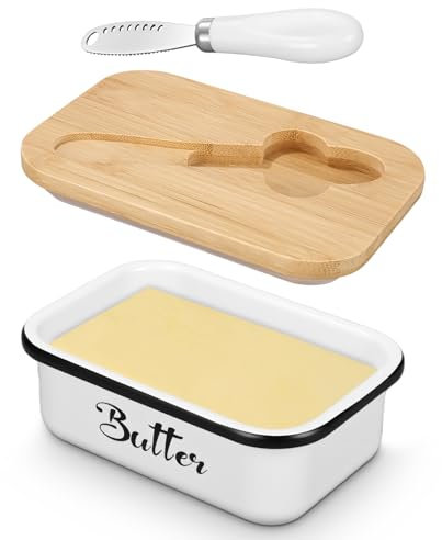 Hixava Butterdose mit Bambusdeckel Butterglocke für 250 g Butter Dish mit Multifunktionales Buttermesser Double-Layer-Silikon-Dichtung mit Deckel Metall Butterbox für Haushalt und Küche