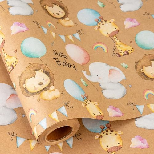 Retrify Baby Shower Kraft Wrapping Paper, 17 Inch x 32.8 Feet Cute Lion Elephant Themed Colorful Balloon Rainbow Gift Wrap with Grid Cutting Lines for Boy Girl Kid Birthday
