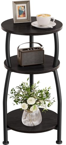 Yuede Round Side Table, 3 Tier Slim Round Coffee Table, Small End Table with Storage Shelf, Bedside Table, for Living Room, Bedroom, Small Space, Metal Frame, Vintage, 30 x 55 cm (Black)