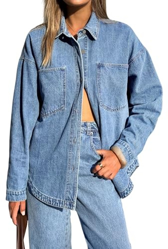 EMMIOL Women Denim Shirts Oversized Long Sleeve Button Down Blouse Distresse Jean Jacket Fall Outfits 2026 Light Blue,XS