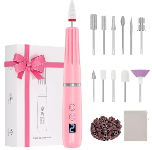 Hoxida Electric Nail Drill Cordless, Low Noise Low Heat with LED Light, Rechargeable Nail File Machine Manicure Pedicure Kit for Acrylic Gel Nails Toenails, Pink