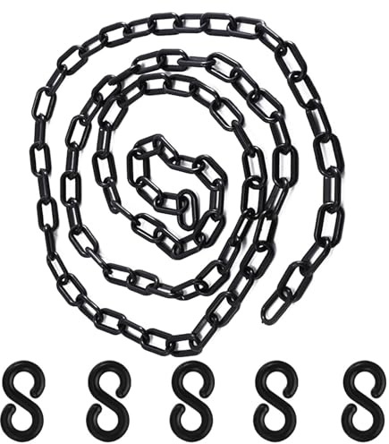 JCKD Cadena de plástico negro de 1,5 metros de largo, 6 milímetros de ancho, cadena de advertencia con cinco ganchos en S para control de personas, colas, aparcamientos y barreras