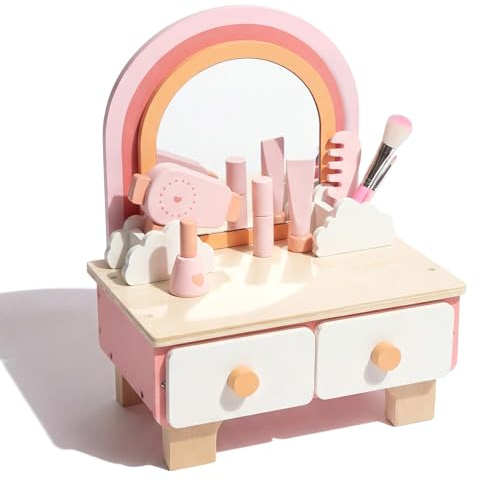 WOODENFUN Coiffeuse Bois Rose Miroir 360°, 11 Accessoires beauté Maquillage Filles 3 Ans
