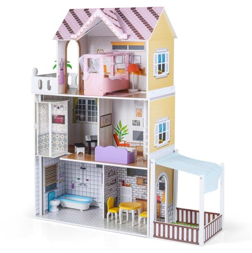 COSTWAY Wooden Dollhouse, Large 3-Storey Kids Playhouse with Simulated Rooms, Furniture Accessories, DIY Pretend Dolls House Playset for 3 Years Old+ (102 x 34 x 120cm)