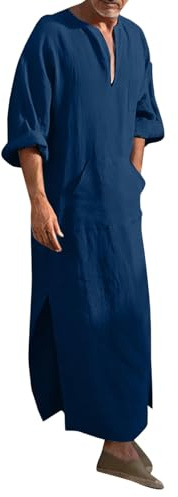 Generico Caftano Uomo Abbigliamento da Preghiera Uomo Caftano Cotone Lino Afgano Tunica Abaya Estate Musulmano Vestiti Islamici Arabi Thobe