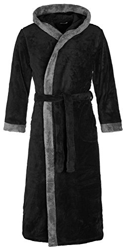 Di Vadini Unisex Herren Damen Bademantel Prato mit Kapuze I Morgenmantel flauschig I Nachtwäsche aus edler Mikrofaser Farbe: Black/Grey, Grösse: XL