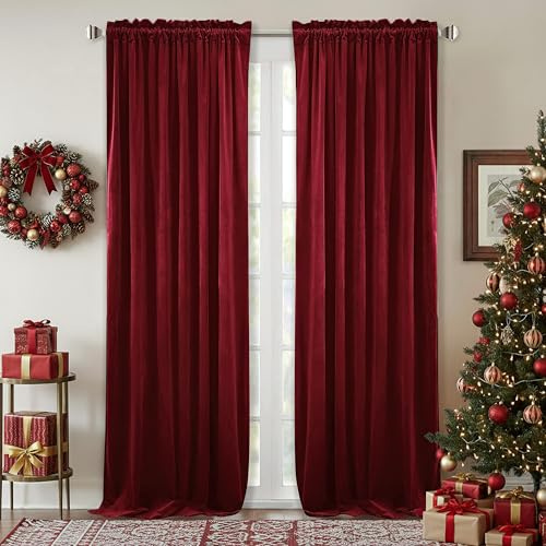 StangH Thick Velvet Curtains 96-inch - Heavy-Duty Large Window Velvet Drapes Room Darkening Privacy Enhancing Panels for Home Theatre/Film Room/Stage, Red, 52 x 96 inches, 2 Pcs
