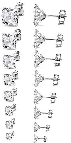 JewelryWe 8 Pairs Mens Womens Stud Earrings Stainless Steel with Square Cubic Zirconia Silver Tone Ear Studs (3-10MM)