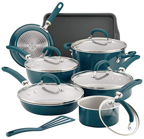 Rachael Ray 12144 Create Delicious Nonstick Cookware Pots and Pans Set, Aluminum, Teal Shimmer